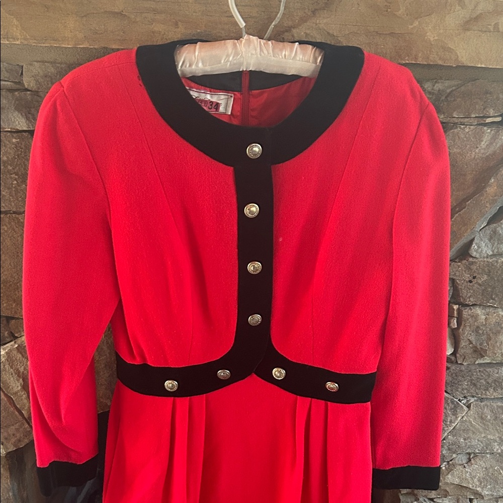 Saks Fifth Avenue Vintage Vibrant Red Dress; Black Velvet Collar Cuffs Belt;Sz 8